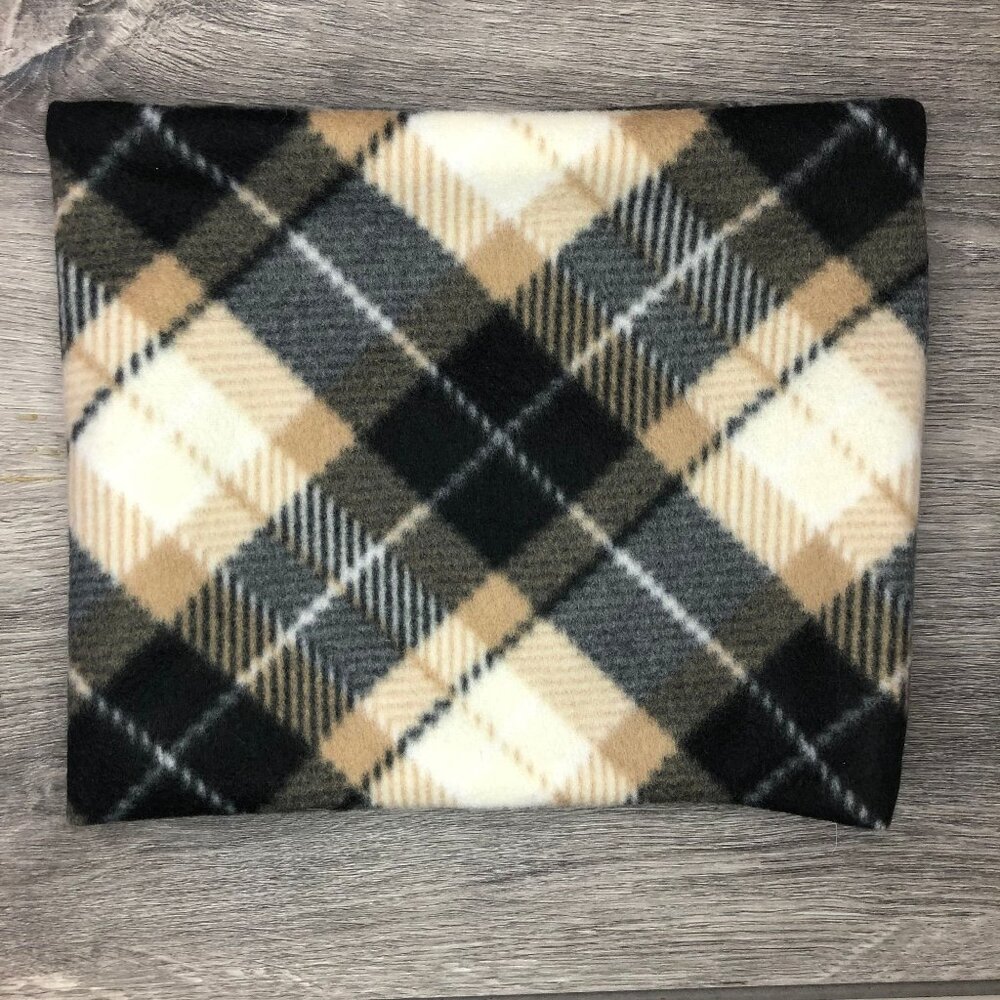 Plaid Fleece Neck Gaiter: Black, Tan & Cream - Handmade Scarf Warmer